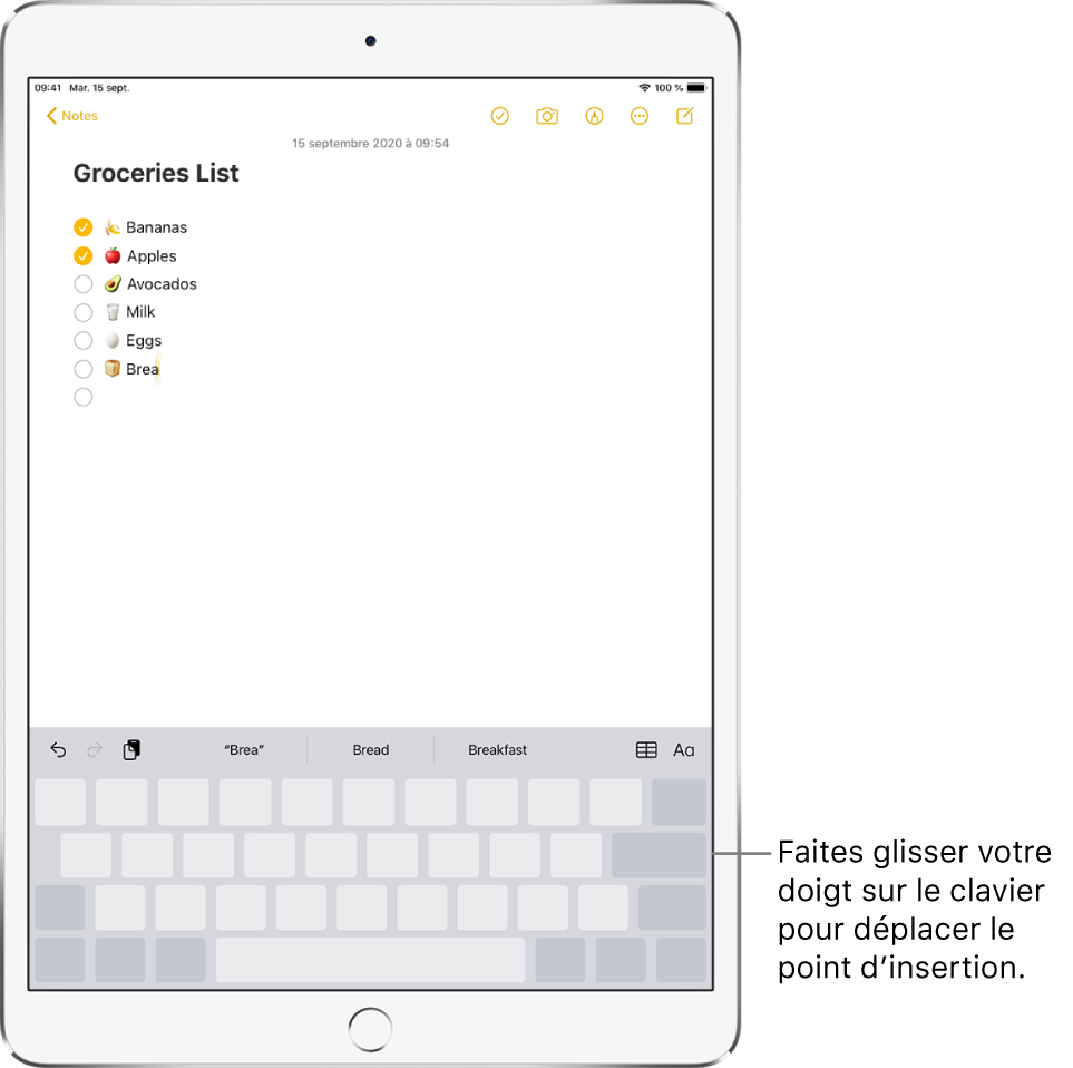 Une note en cours de modification après que le clavier a été converti en trackpad. Le clavier est grisé pour montrer qu’il fonctionne désormais comme un trackpad.