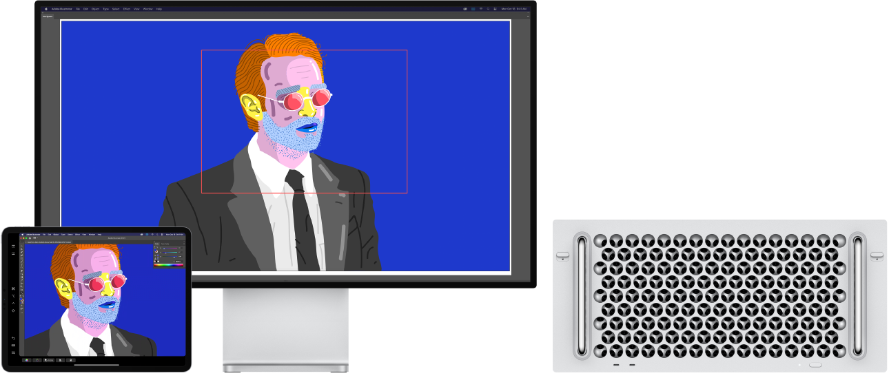 كمبيوتر Mac Pro وجهاز iPad جنبًا إلى جنب. يعرض الـ Mac Pro عملاً فنيًا داخل نافذة المتصفح في Illustrator. يعرض الـ iPad نفس العمل الفني في نافذة مستند في Illustrator، محاطًا بأشرطة أدوات.