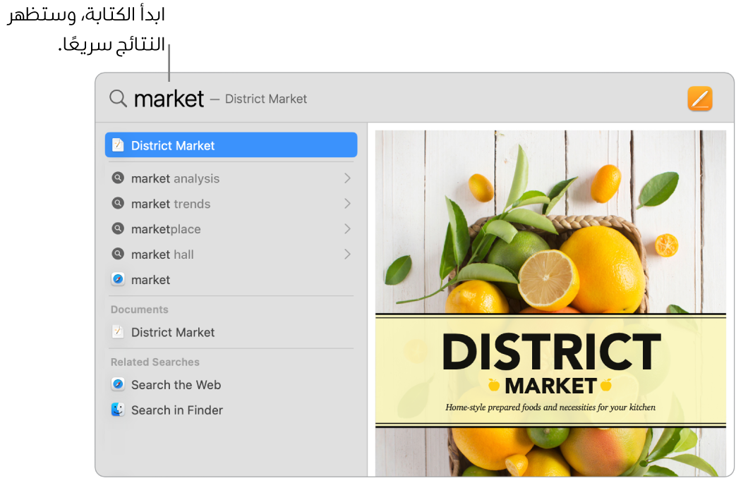 نافذة Spotlight تظهر بها نتائج البحث على اليمين.
