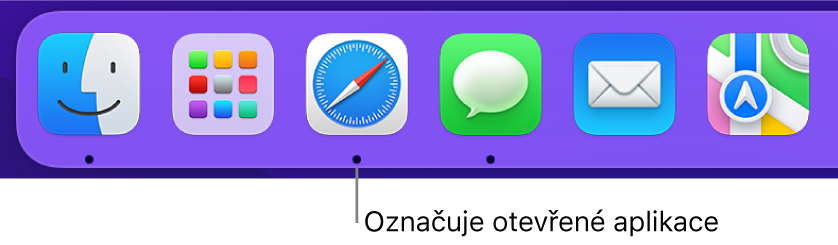 Část Docku s černými tečkami pod otevřenými aplikacemi