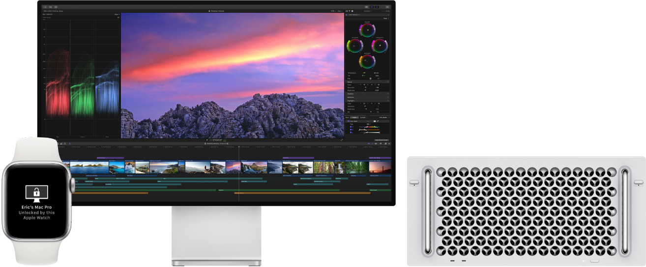 Mac Pro s monitorem a hodinky Apple Watch se zprávou, že Mac byl pomocí hodinek odemčen