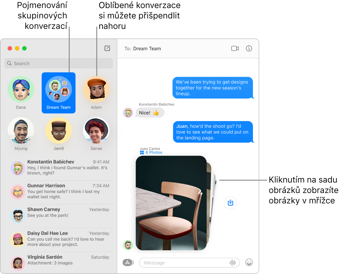 Okno Zprávy s připnutými skupinovými konverzacemi a konverzacemi mezi dvěma uživateli v horní části levého sloupce V konverzaci vpravo je sada šesti fotek a vedle ní tlačítko Uložit fotku
