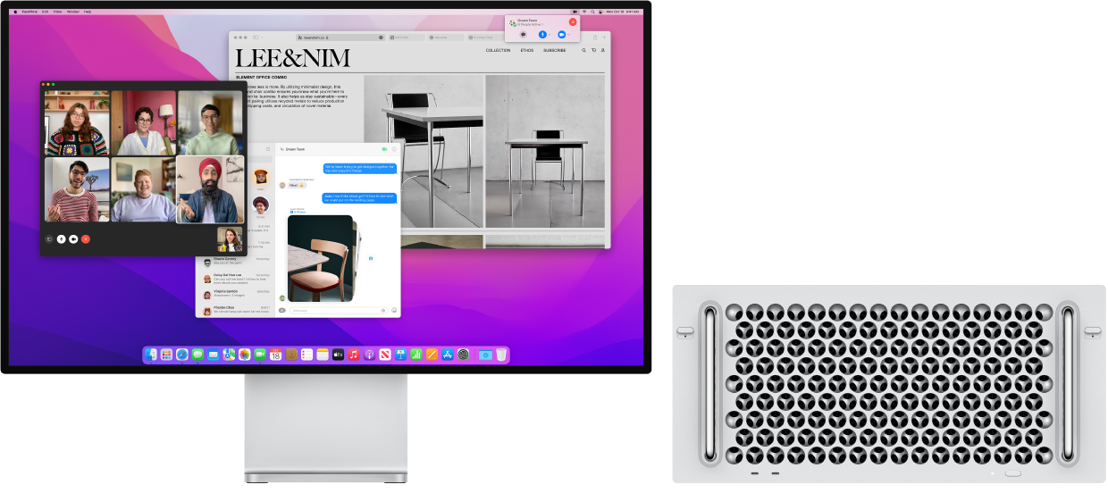 Mac Pro s připojeným monitorem Pro Display XDR, na kterém se zobrazuje plocha s Ovládacím centrem a několika otevřenými aplikacemi