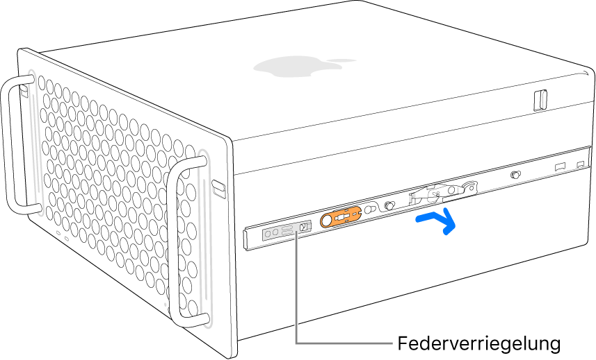 Eine Schiene wird von der Seite des Mac Pro gelöst.