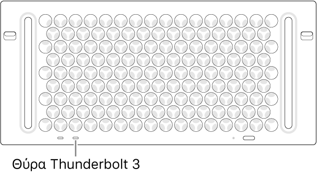 Η πάνω πλευρά του Mac Pro όπου φαίνεται η σωστή θύρα Thunderbolt 3 προς χρήση.
