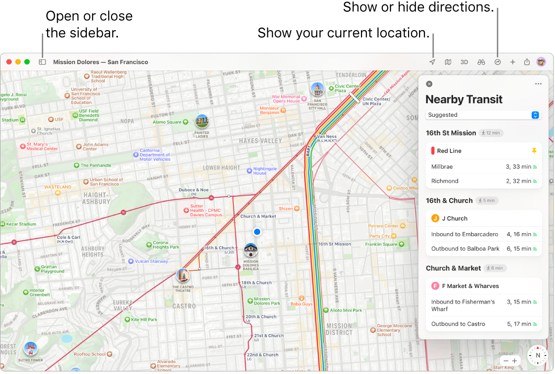 A Maps window showing how to get directions by clicking a destination in the sidebar, how to open or close the sidebar, and how to find your current location on the map.