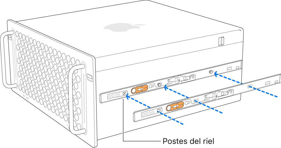 Se está ajustando el riel interior de la Mac Pro a un lado.