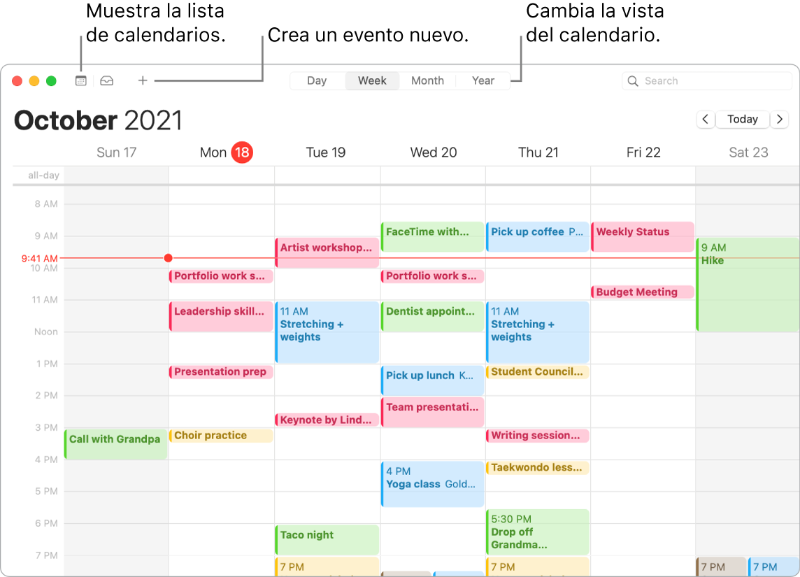 Ventana de Calendario mostrando cómo crear un evento, mostrar la lista de calendarios y seleccionar la vista por días, semanas, meses o años.