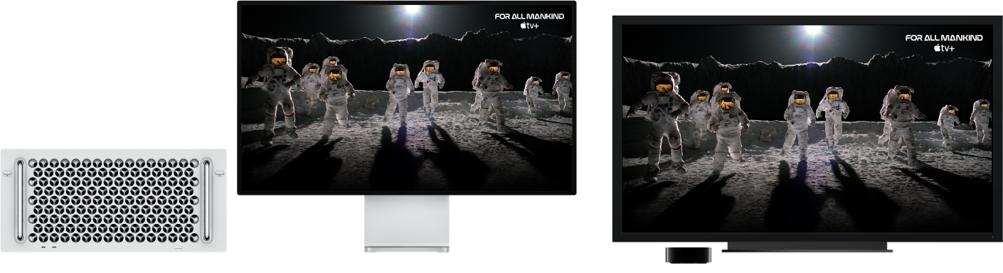 Mac Pro con su contenido duplicado en un HDTV grande utilizando un Apple TV.