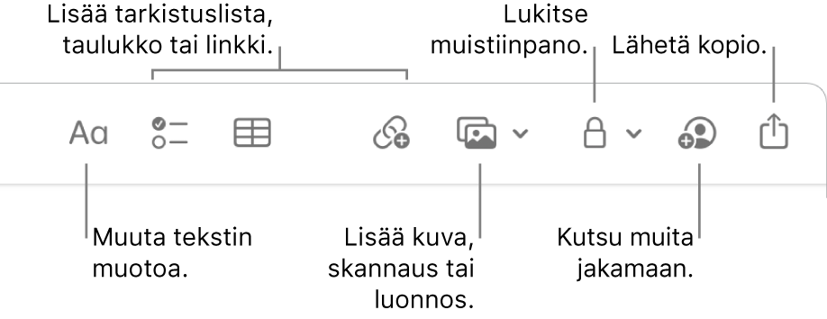 Muistiinpanot-työkalupalkki, jossa näkyvät selitteet tekstimuotoon, tarkistuslistaan, taulukkoon, linkkiin, kuviin/mediaan, lukitsemiseen, jakamiseen ja kopion lähettäämiseen liittyviin työkaluihin.