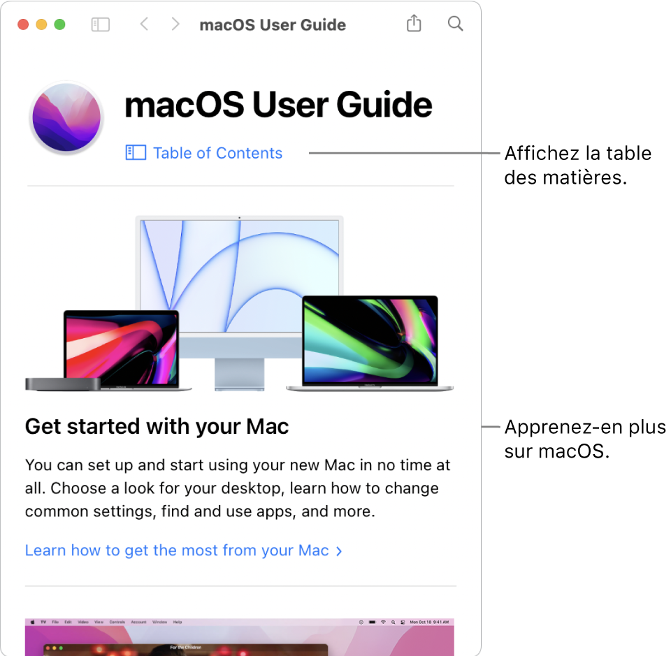 La page d’accueil du Guide d’utilisation de macOS présentant le lien Table des matières.