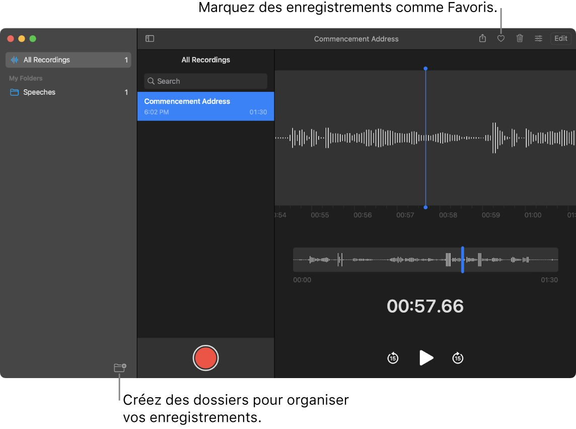 Fenêtre de Dictaphone montrant comment créer de nouveaux dossiers ou marquer des enregistrements comme favoris.