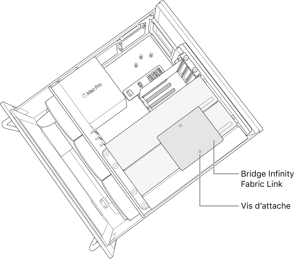 Une carte d’interconnexion installée entre deux modules Radeon Pro Vega II.