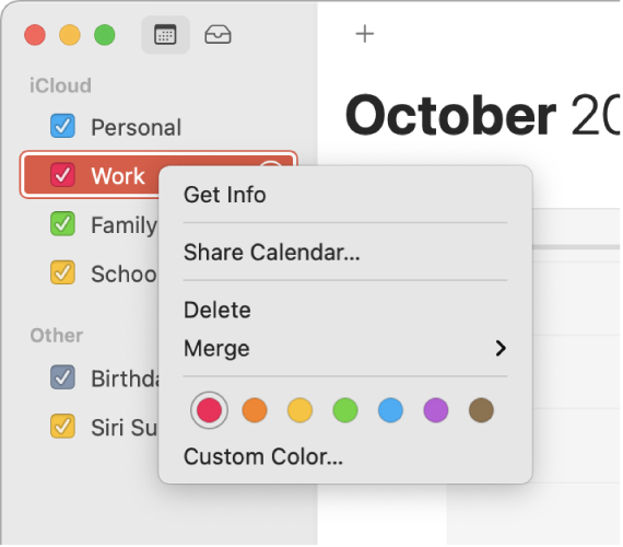 Menu di scelta rapida con le opzioni per personalizzare il colore di un calendario.