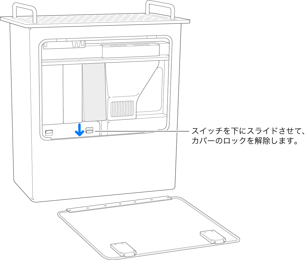 縦に置いてあるMac Pro。DIMMカバーのロックを解除するスイッチがハイライトされています。