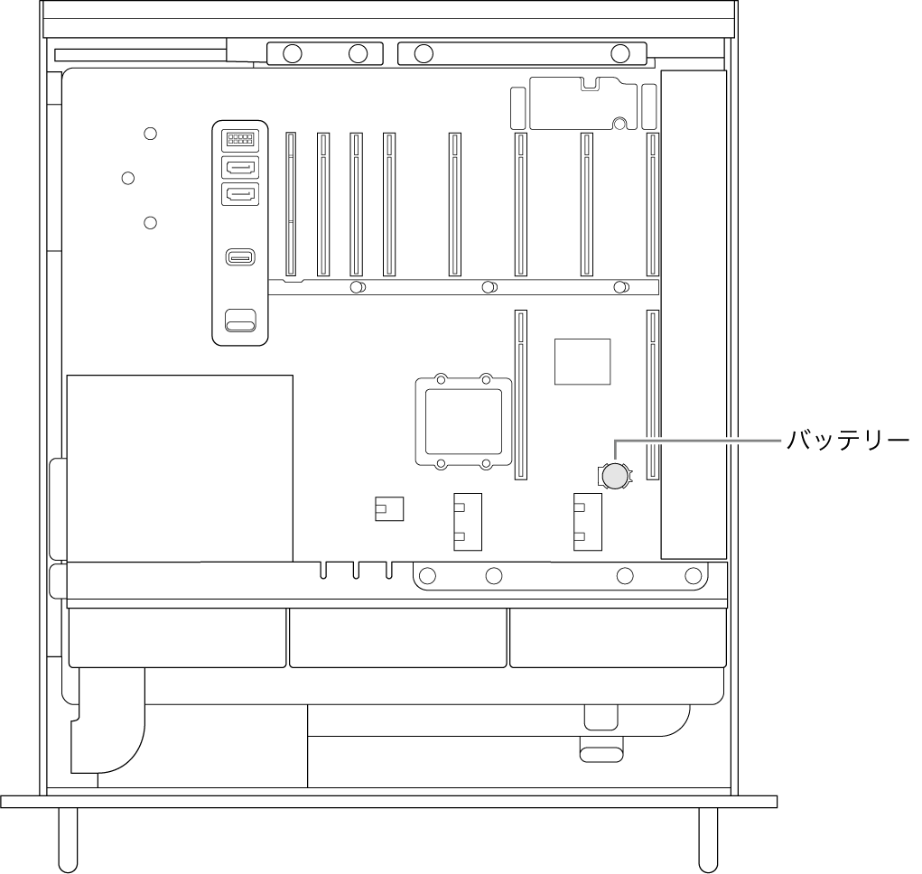 Mac Proのカバーを開けた状態の側面図。コイン型電池の場所が示されています。