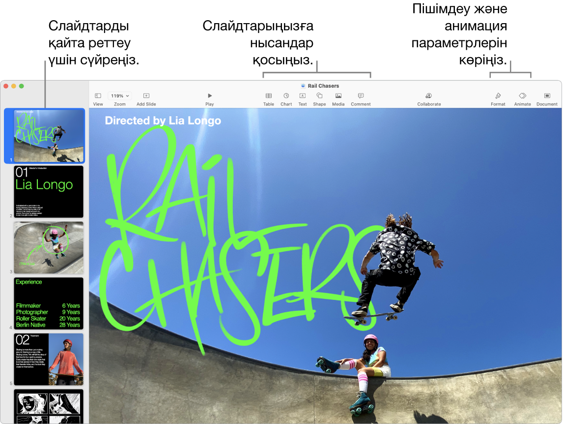 Сол жағында слайд шарлағышын және слайдтарды қайта реттеу жолын, жоғарғы жағында құралдар тақтасы мен оның өңдеу құралдарын, жоғарғы оң жаққа жақын Collaborate түймесін және оң жақта Format, Animate және Document түймелерін көрсетіп тұрған Keynote терезесі.