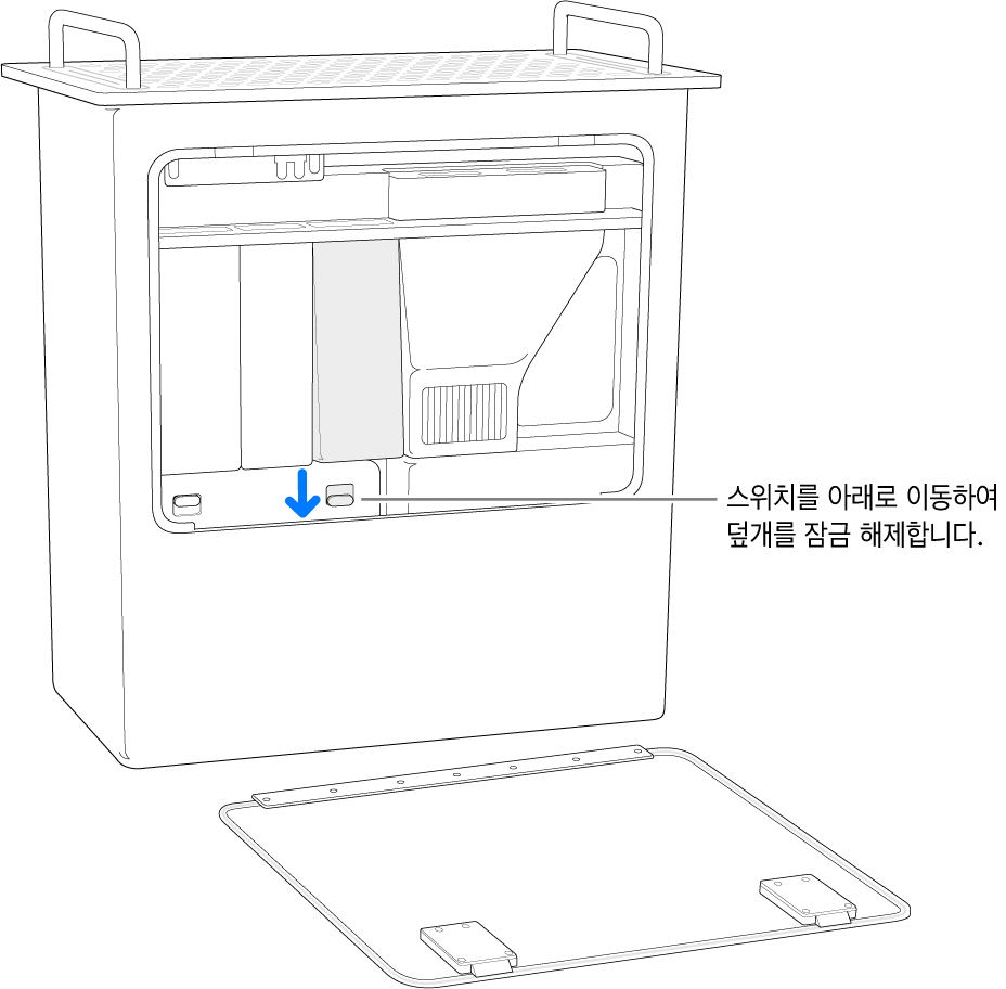 Mac Pro가 세워져 있고 DIMM 덮개를 잠금 해제하는 스위치가 강조됨.