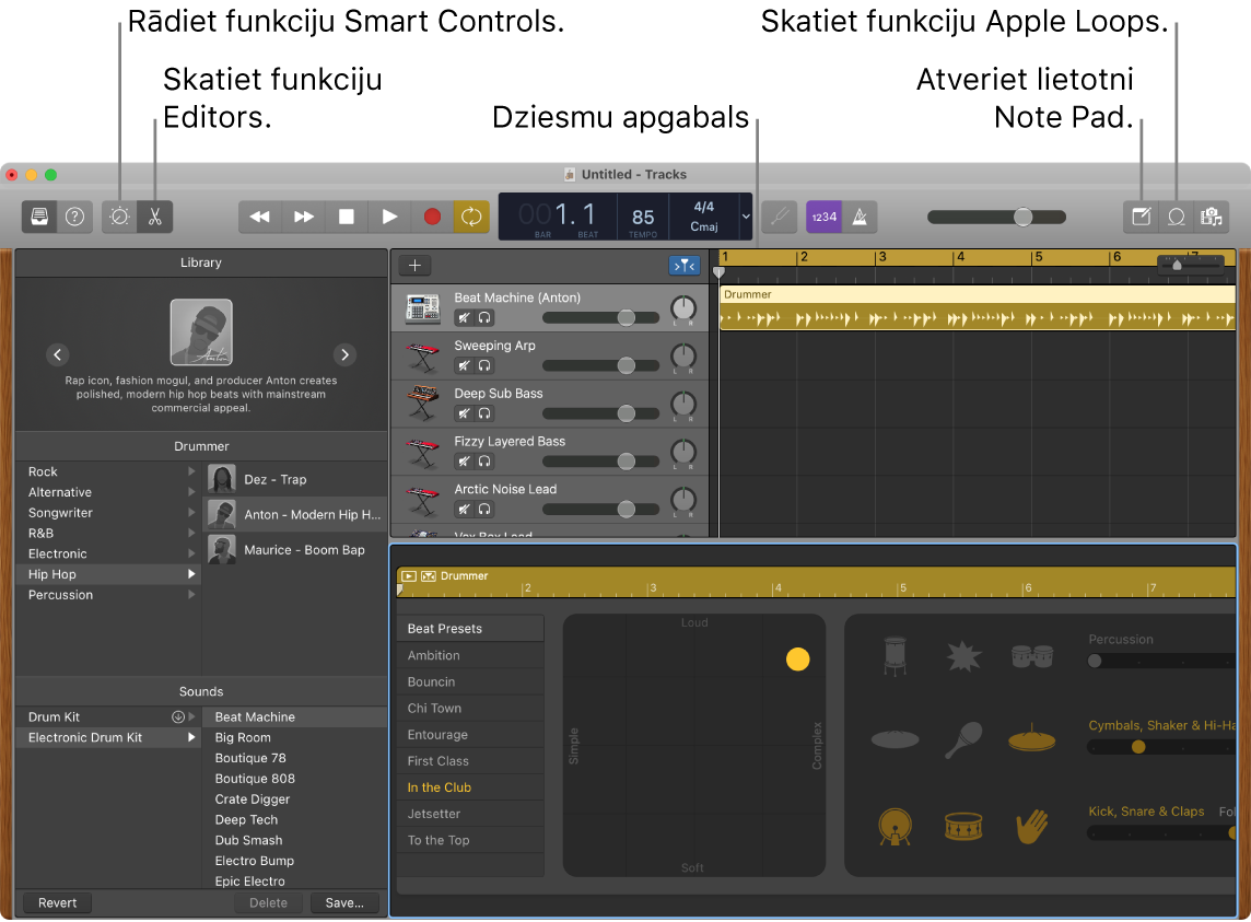 Lietotnes GarageBand logā redzamas pogas piekļuvei funkcijām Smart Controls, Editors, Notes un Apple Loops. Ir redzams arī skaņu celiņu attēlojums.