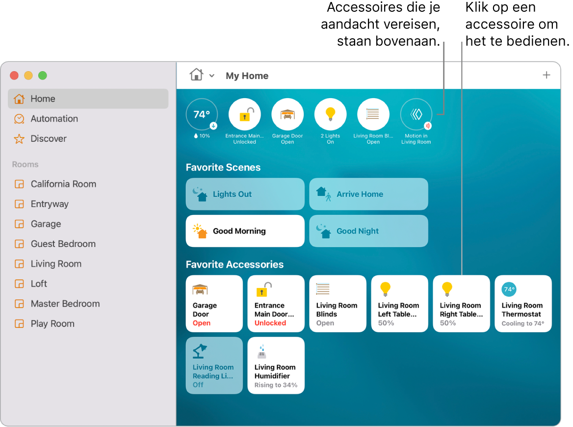 De Woning-app met favoriete scènes en favoriete accessoires.