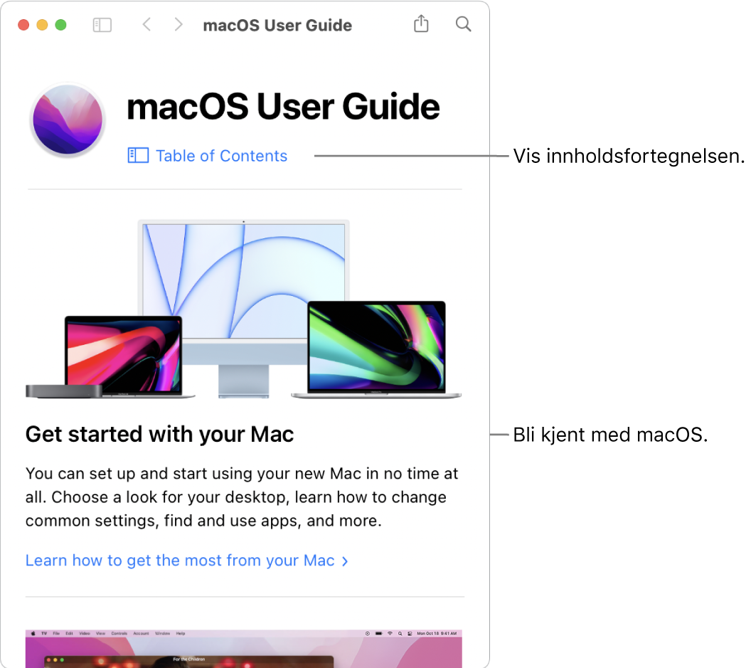 Velkomstsiden i Brukerveiledning for macOS som viser Innholdsfortegnelse-lenken.