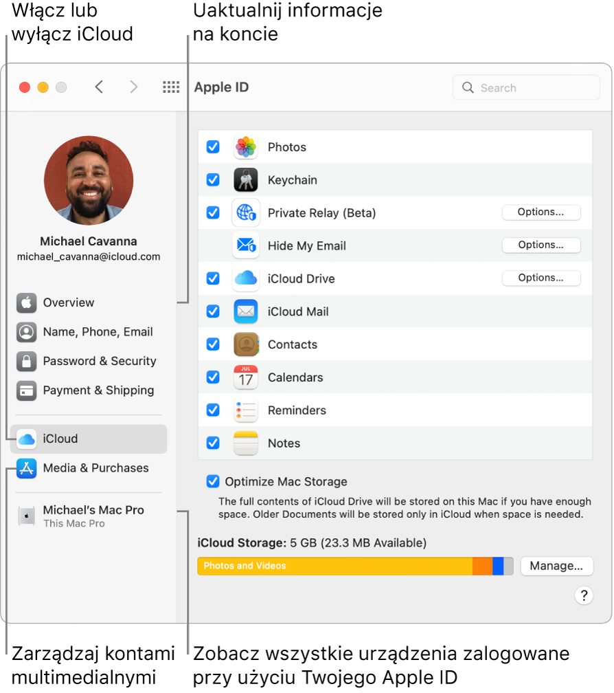 Panel Apple ID w Preferencjach systemowych. Kliknij w pozycję na pasku bocznym, aby uaktualnić dane swojego konta, włączyć lub wyłączyć iCloud, zarządzać kontami do multimediów oraz wyświetlać wszystkie urządzenia zalogowane przy użyciu tego samego Apple ID.