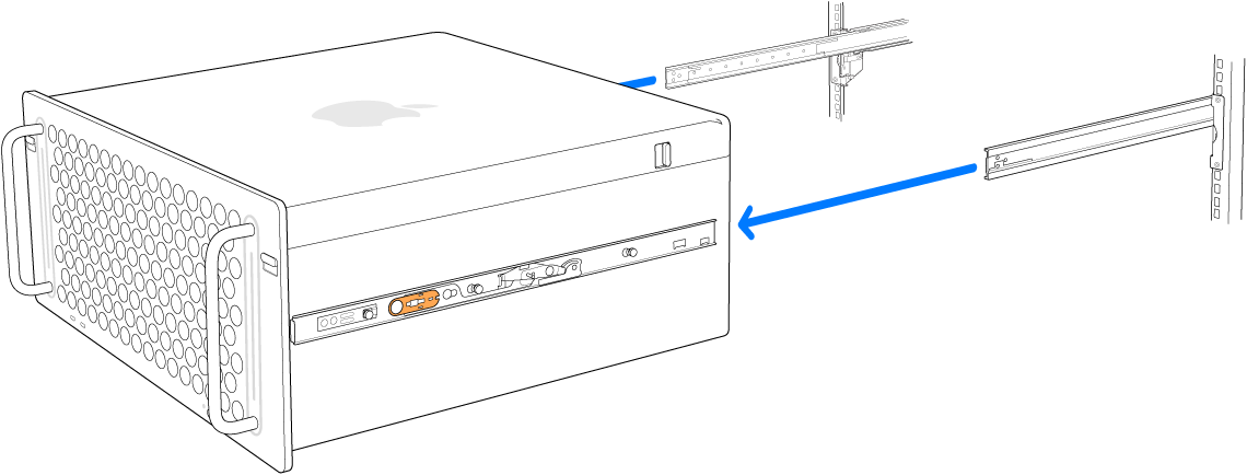 Mac Pro sendo removido dos trilhos que estão fixados em um rack.