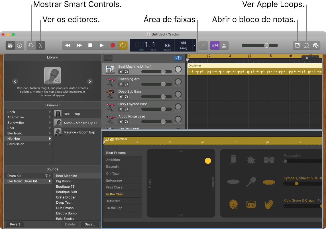 Uma janela do GarageBand a mostrar os botões para aceder a Smart Controls, Editores, Notas e Apple Loops. Também mostra o ecrã de faixas.