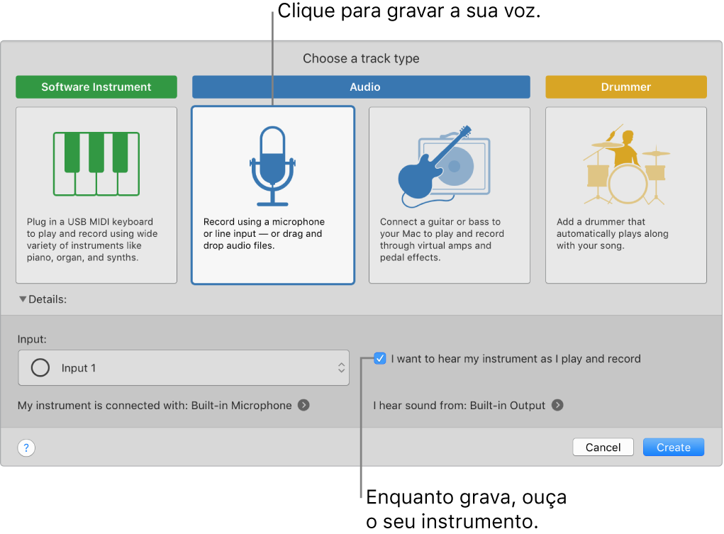 O painel de instrumento do GarageBand a mostrar onde clicar para gravar uma voz e como ouvir a sua própria gravação.