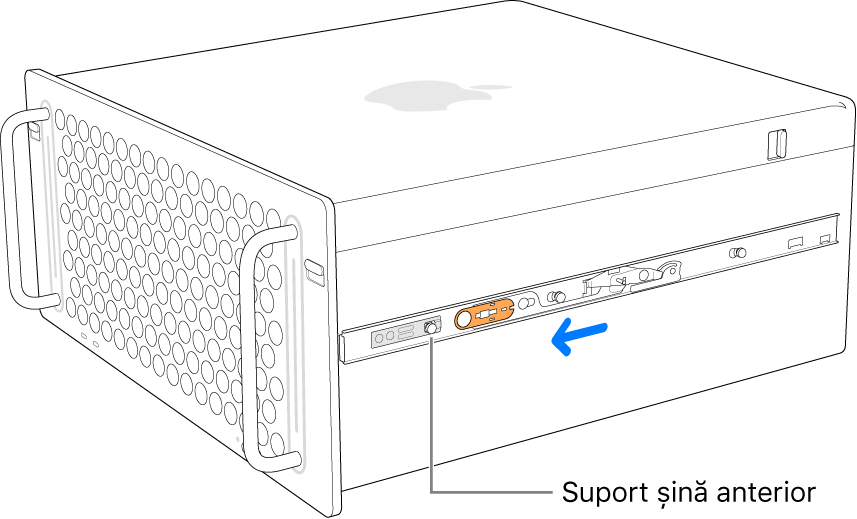 Mac Pro cu o șină în curs de glisare înainte și de blocare în poziție.