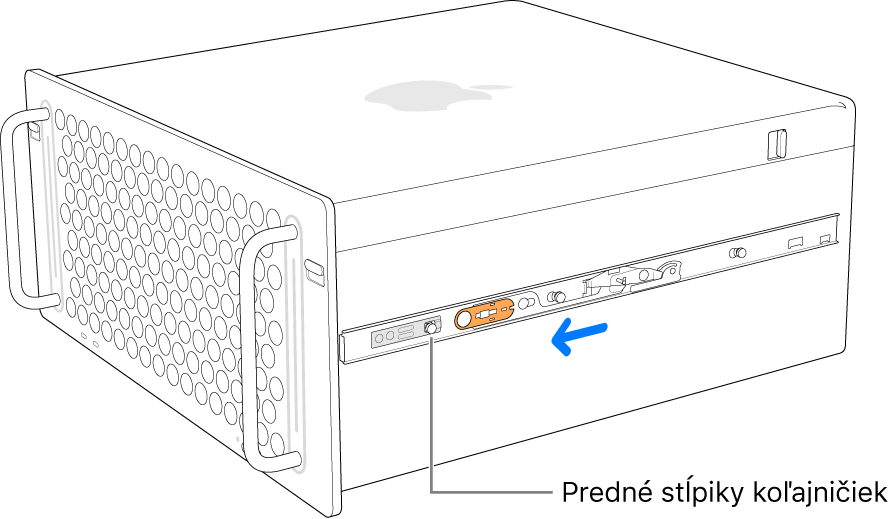 Mac Pro s koľajničkou vysunutou dopredu a uzamknutou na mieste.