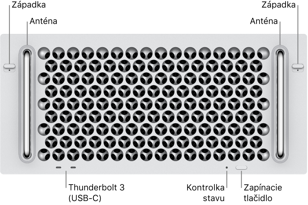 Pohľad na Mac Pro spredu zobrazujúci dva Thunderbolt 3 (USB-C) porty, svetelný indikátor systému, zapínacie tlačidlo a anténu.