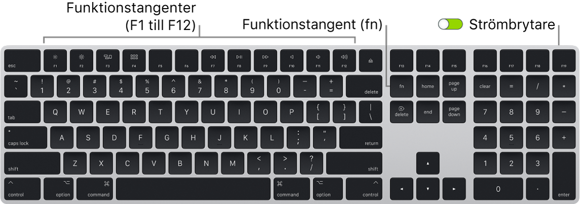 Magic Keyboard med funktionstangenten (fn) i det nedre vänstra hörnet och strömbrytaren i det övre högra hörnet av tangentbordet.