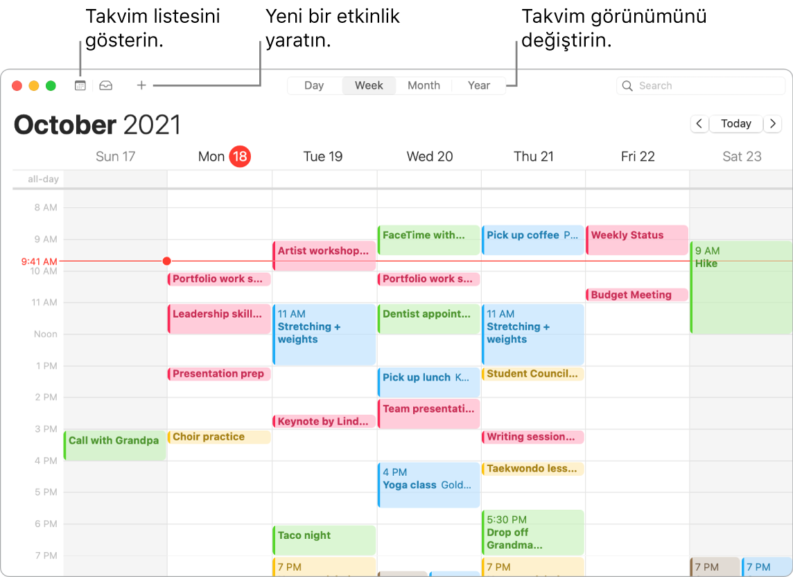 Etkinlik yaratmayı, takvim listesini göstermeyi ve Gün, Hafta, Ay veya Yıl görüntüsünü seçmeyi gösteren bir Takvim penceresi.