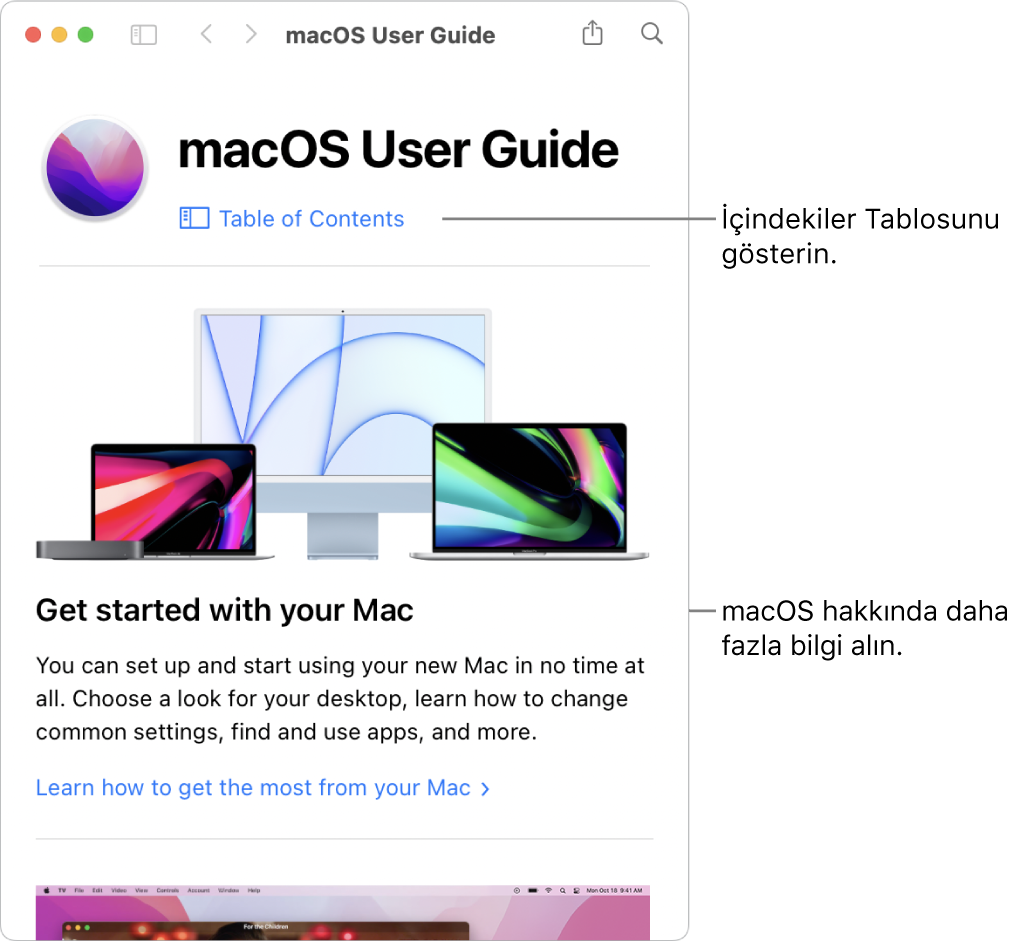 İçindekiler bağlantısını gösteren macOS Kullanma Kılavuzu hoş geldiniz sayfası.