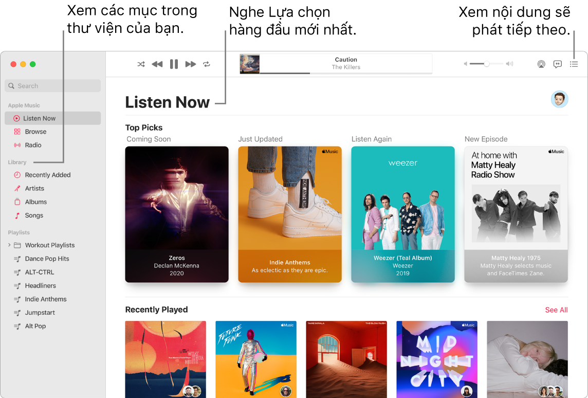 Một cửa sổ ứng dụng Nhạc đang minh họa cách xem thư viện của bạn, nghe Apple Music và xem bài nào sẽ phát tiếp theo.