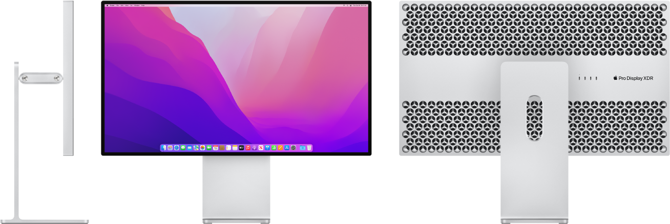 Vues de côté, de devant et de derrière du Pro Display XDR sur un Pro Stand.
