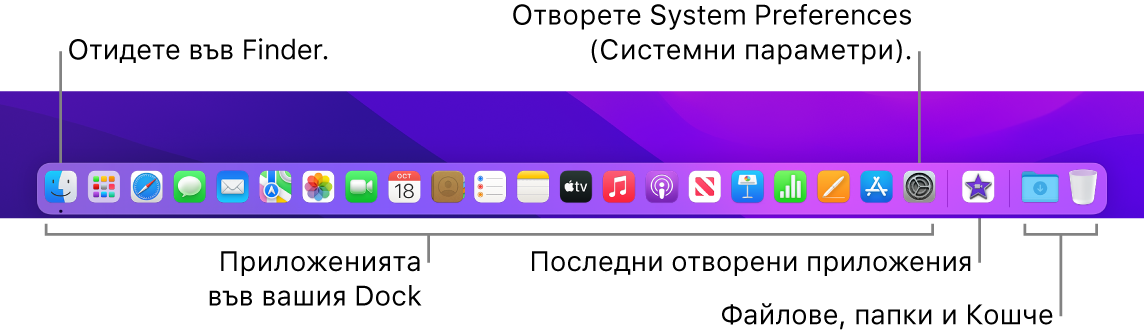 Лентата Dock, която показва Finder, System Preferences (Системни параметри) и линията в лентата Dock, която разделя приложенията от файловете и папките.