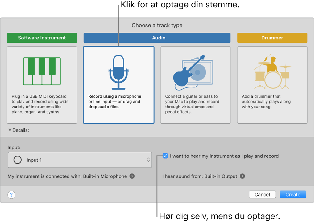 Instrumentvinduet i GarageBand viser, hvor du skal klikke for at optage din stemme og for at høre dig selv, når du optager.