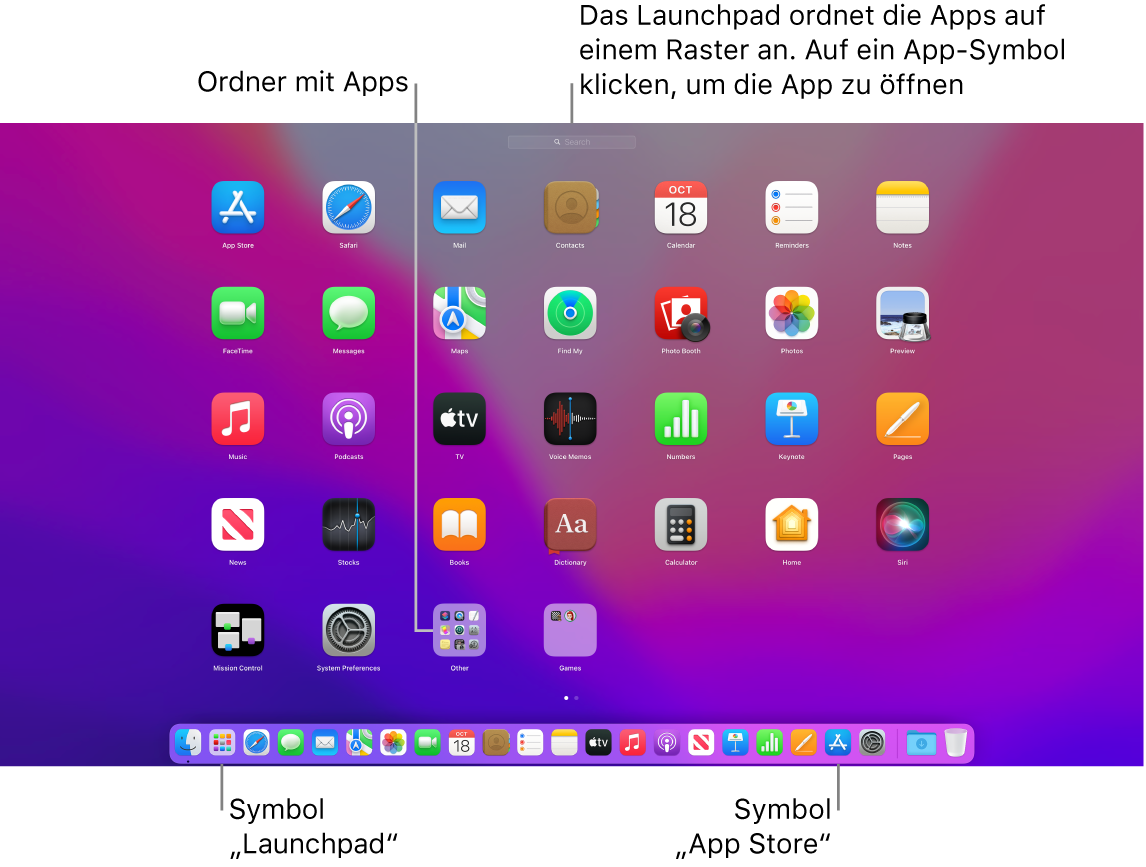 Ein Mac-Bildschirm mit geöffnetem Launchpad, mit einem Ordner mit Apps im Launchpad und dem Launchpad-Symbol und App Store-Symbol im Dock