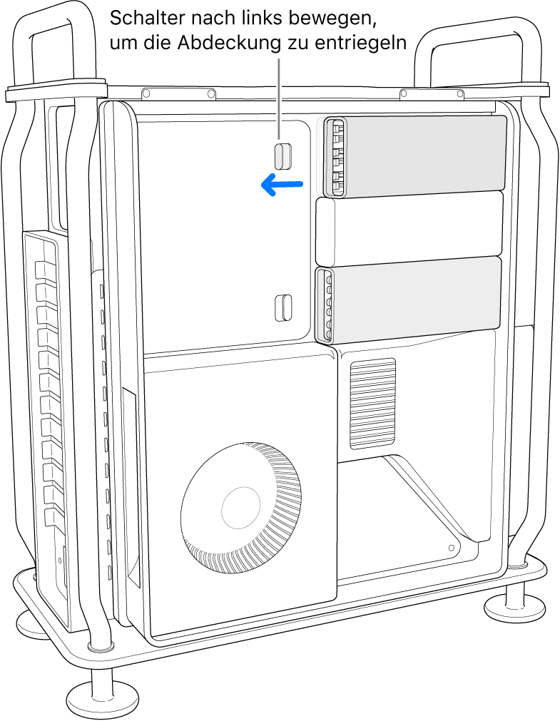 Der Schalter wird nach links bewegt, um die DIMM-Abdeckung zu entsperren.