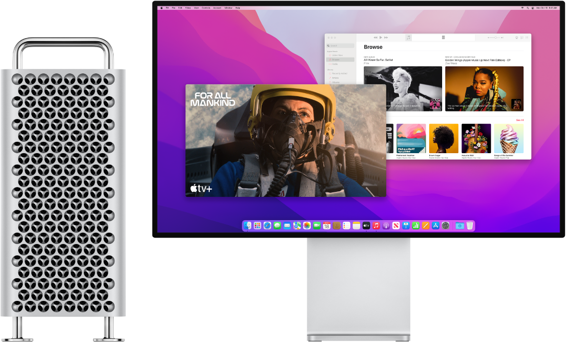 Ένας πύργος Mac Pro και μια οθόνη Pro Display XDR δίπλα-δίπλα.