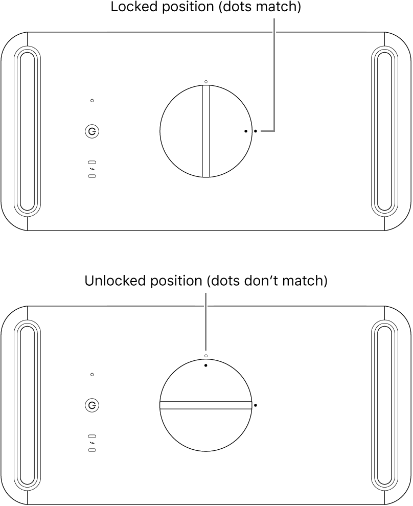 Top of computer housing showing the latch in the locked and unlocked positions.