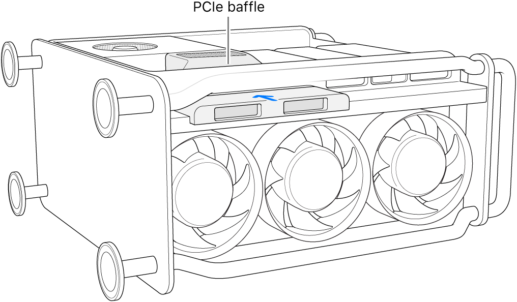 Mac Pro on its side and showing the PCIe baffle and SSD cover.