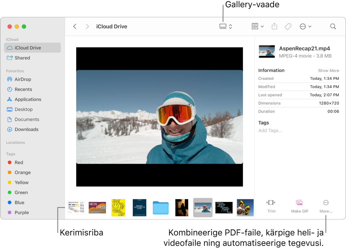 Gallery View-kuvas on avatud Finderi aken, milles kuvatakse suurt fotot ning väiksemate fotode rida, mille all on kerimisriba. Kerimisribast paremal on juhikud pööramiseks, märgistamiseks ning muudeks tegevusteks.