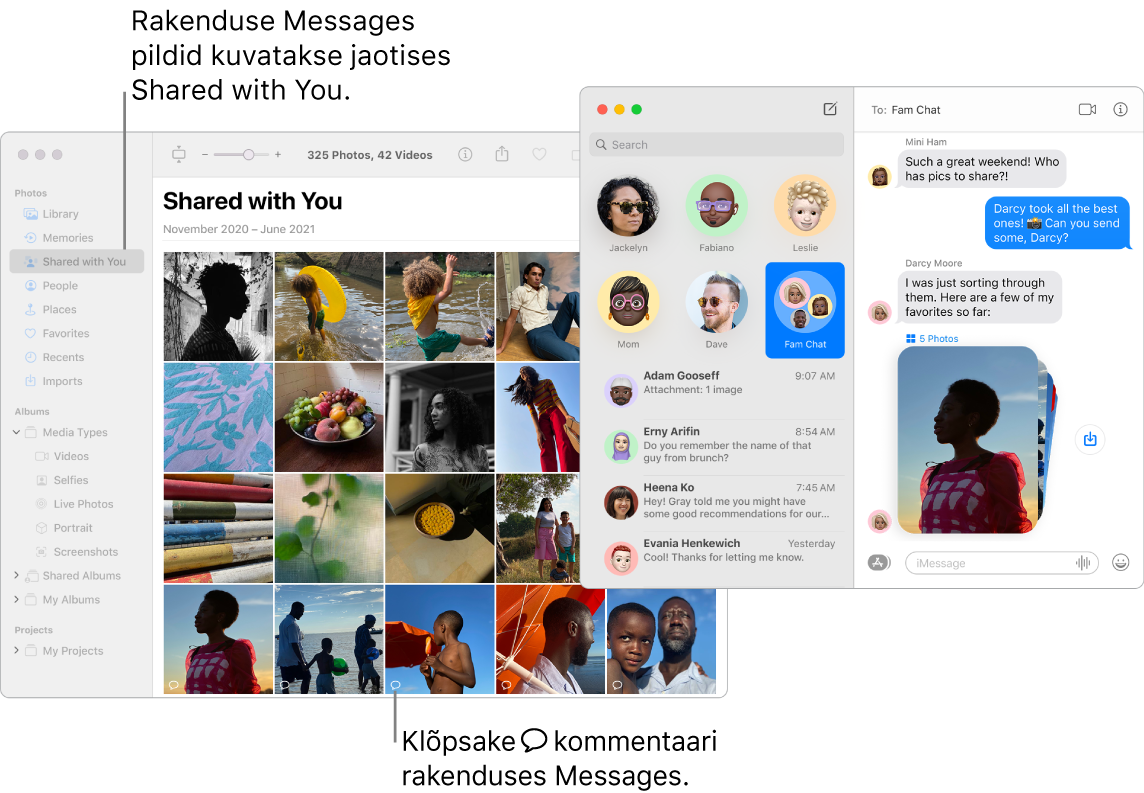 Paremal on rakenduse Messages vestlus koos fotovirnaga ning rakenduse Photos aknas on jaotis Shared with You, milles kuvatakse rakendusest Messages jagatud fotosid.