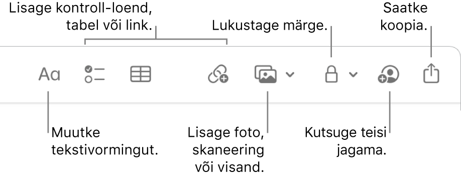 Tööriistariba Notes väljaviikudega tekstivormingu, ülesandeloendi, tabeli, lingi, fotode/meedia, lukustamise, jagamise ning kopeerimise tööriistadele.