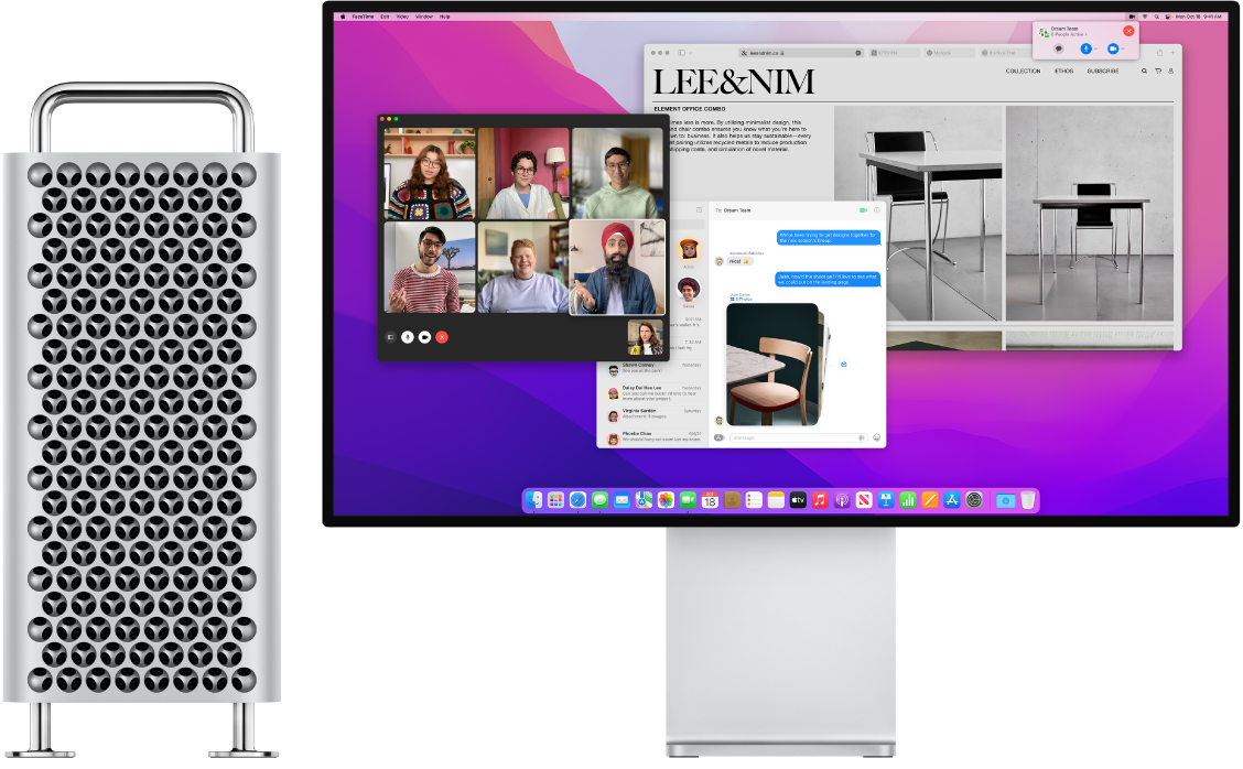 Un Mac Pro connecté à un Pro Display XDR, avec l’ordinateur affichant le centre de contrôle et plusieurs apps ouvertes.