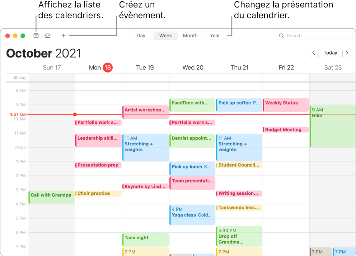 Une fenêtre de Calendrier indiquant comment créer un évènement, obtenir la liste des évènements et choisir une présentation par jour, par semaine, par mois ou par année.