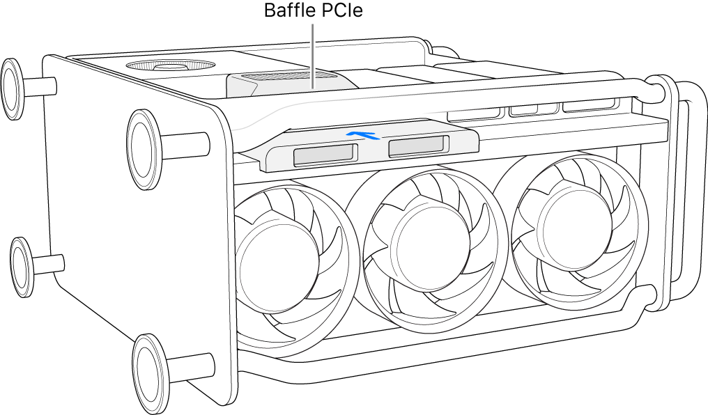 Mac Pro bertumpu di bagian sampingnya dan menampilkan baffle PCIe dan penutup SSD.